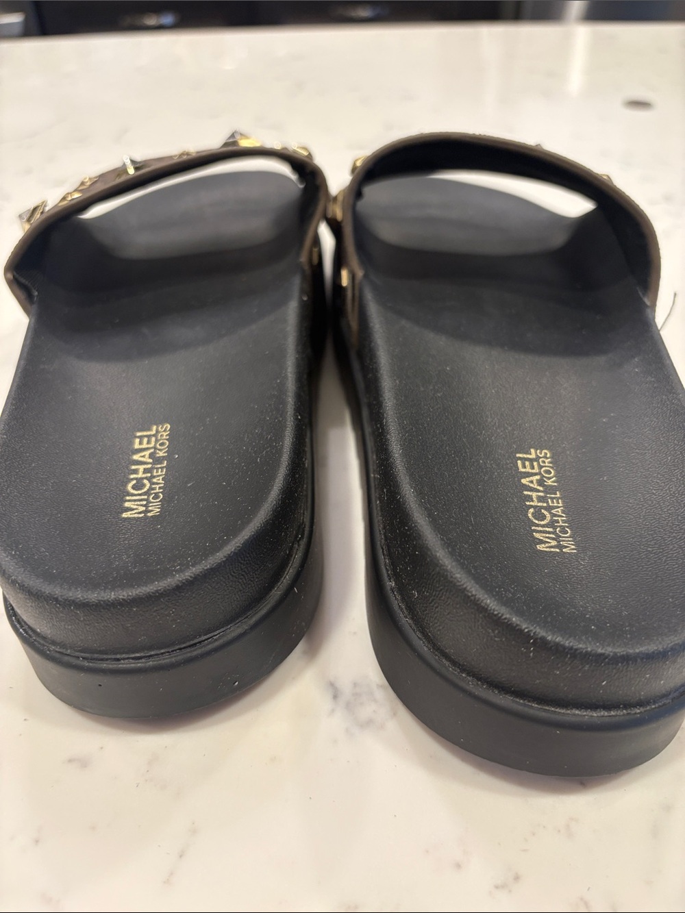 Michael Kors Brown and Black Logo Stud Slide Sandals - Picture 9 of 10